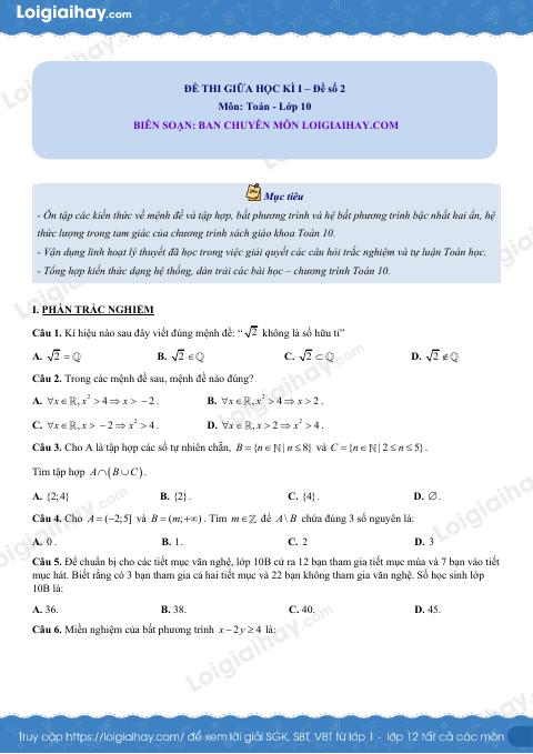 Đề thi giữa kì 1 Toán 10 Cánh diều - Đề số 2